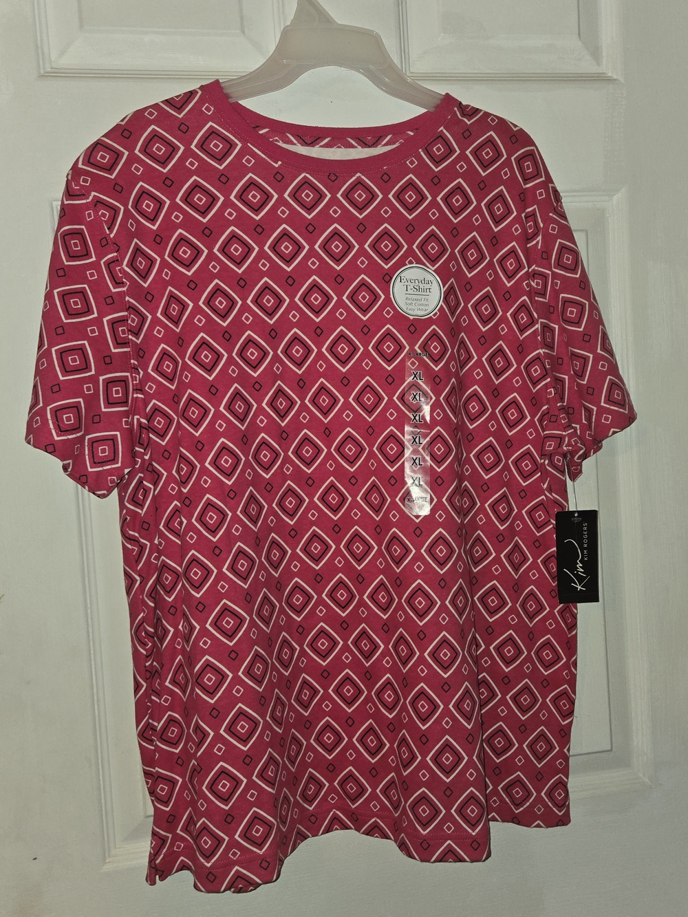 Kim Rogers Womens Red Diamond Print Short Sleeve Tee SZ XL